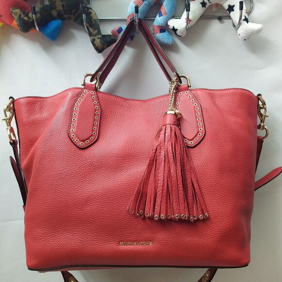Michael Kors Brooklyn Red Leather Tassel Double Handle Satchel Shoulder Bag - Picture 15 of 16